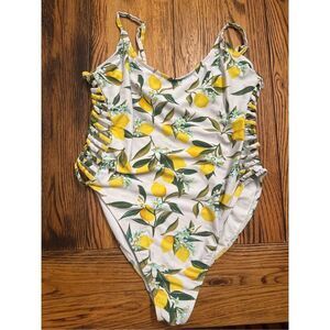 Revamped Yellow Green Lemon Print Cut-Out Caged Side One Piece Swimsuit Medium